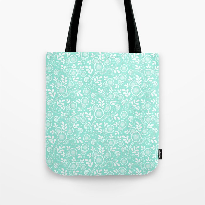 Seafoam And White Eastern Floral Pattern Tote Bag