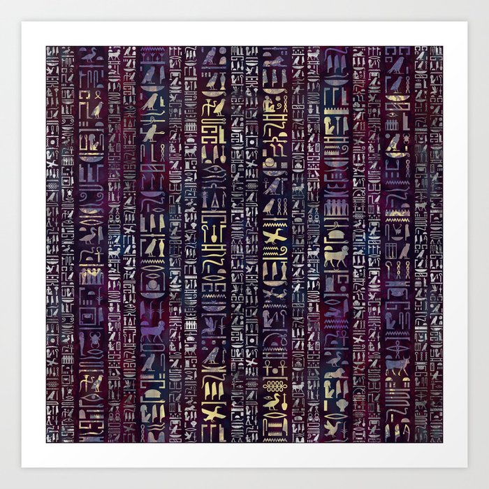 Egyptian hieroglyphs on purple violet painted texture Art Print