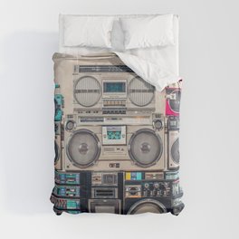 Retro old school design ghetto blaster stereo radio cassette tape recorders boombox tower from circa 1980s front concrete wall background. Vintage style filtered photo Duvet Cover