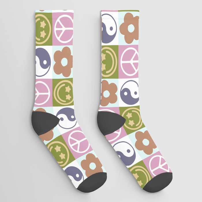 Cute Checked Symbols Pattern (SMILEY FACE \ YIN YANG \ PEACE SYMBOL \ FLOWER) Socks