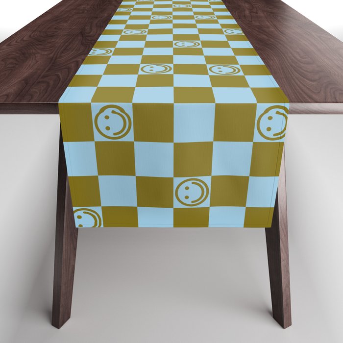 Checkered Smiley Faces \\ Autumn Grass Color & Pastel Blue Table Runner