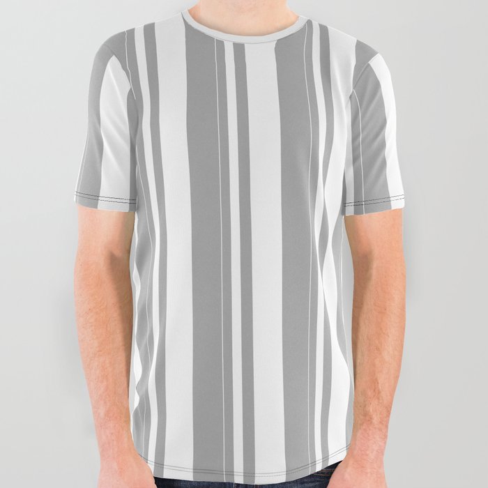 White and Dark Gray Colored Striped Pattern All Over Graphic Tee