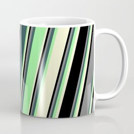 [ Thumbnail: Colorful Grey, Dark Slate Gray, Green, Light Yellow, and Black Colored Striped Pattern Coffee Mug ]