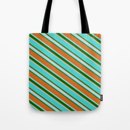 [ Thumbnail: Turquoise, Dark Green, Chocolate & Powder Blue Colored Lines Pattern Tote Bag ]