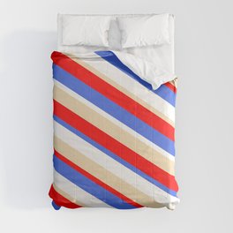 [ Thumbnail: Red, Royal Blue, White & Tan Colored Lined Pattern Comforter ]