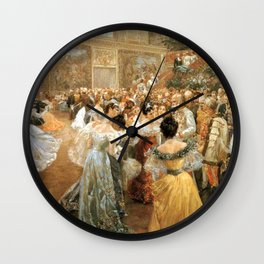 Two ladies are presented to Emperor Franz Joseph at the court ball in the Hofburg Vienna Imperial Palace gilded age grand hall portrait painting by Wilhelm Gause  Wall Clock
