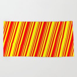 [ Thumbnail: Red and Yellow Colored Lined/Striped Pattern Beach Towel ]