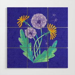 Dandelion Florals on Blue Wood Wall Art