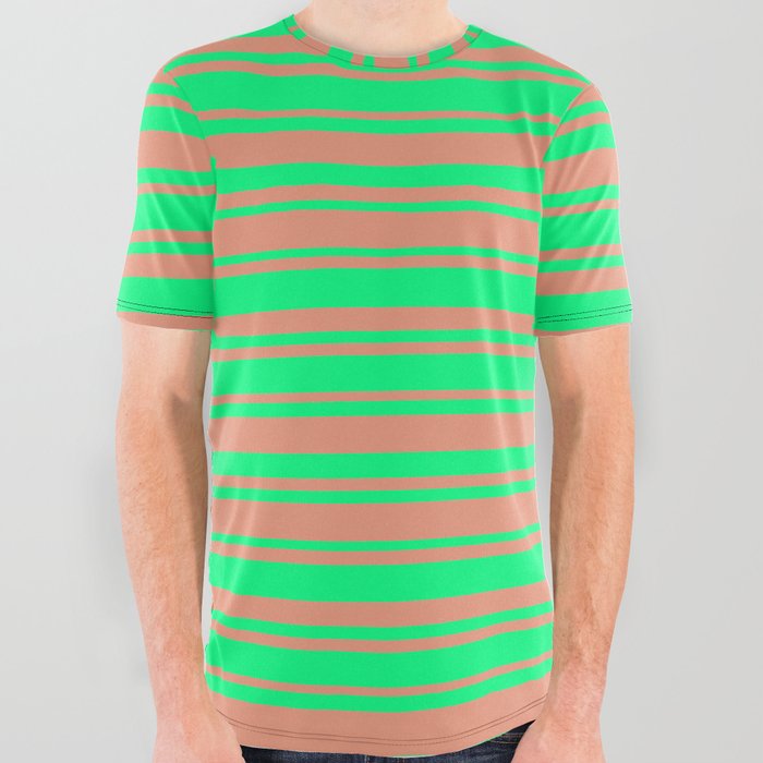 Green and Dark Salmon Colored Lined Pattern All Over Graphic Tee