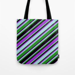 [ Thumbnail: Dark Orchid, Light Blue, Forest Green, and Black Colored Stripes/Lines Pattern Tote Bag ]