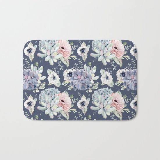 Beautiful Succulent Garden Navy Blue + Pink Bath Mat