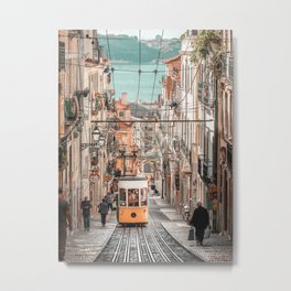 Lisbon tram pastel colour | Portugal Lisboa cable car | Portuguese city street life photography  Metal Print