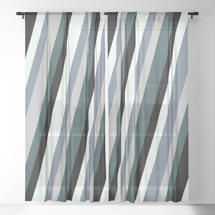 Mint Cream, Slate Gray, Grey, Dark Slate Gray & Black Colored Pattern of Stripes Sheer Curtain