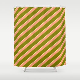 [ Thumbnail: Light Salmon, Green & Tan Colored Striped Pattern Shower Curtain ]