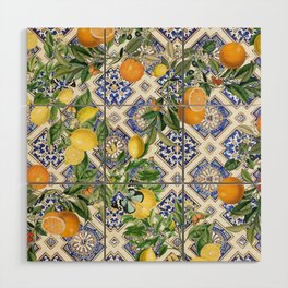 Sicilian Citrus, Mediterranean tiles & vintage lemons & orange fruit pattern Wood Wall Art