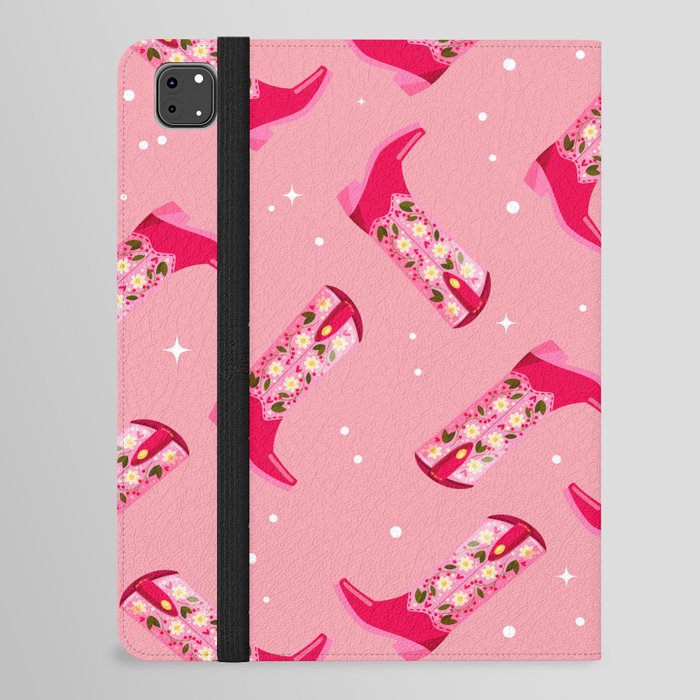 Cowboy boots with flowers and hearts on vibrant pink background, seamless pattern. Cute festive repeat pattern. Bright colorful vector design. iPad Folio Case