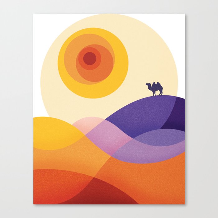 Sun, Desert, Waves of Sand and Camel Leinwanddruck | Graphic-design, Sonne, Wüste, Camel, Wellen, Sand, Summer, Abstrakt, Kubismus, Minimalism