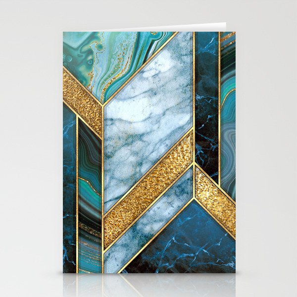 Art Deco Peacock Teal + Gold Marble Geode Chevron Stationery Cards