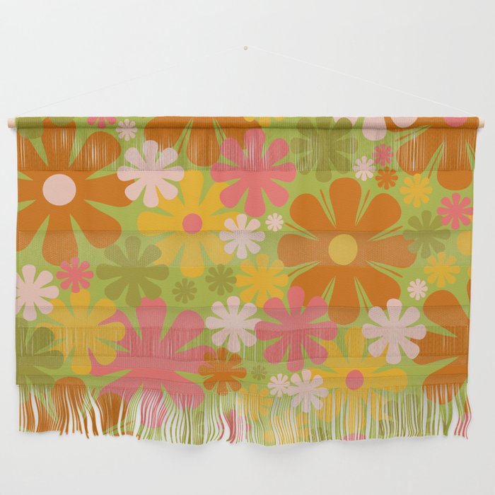 Retro 60s 70s Aesthetic Floral Pattern in Lime Green Pink Yellow Orange Wall Hanging