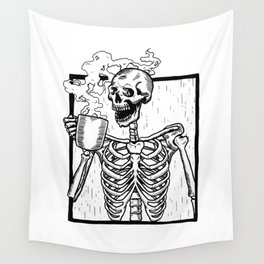 Skeleton Drinking a Cup of Coffee Wall Tapestry