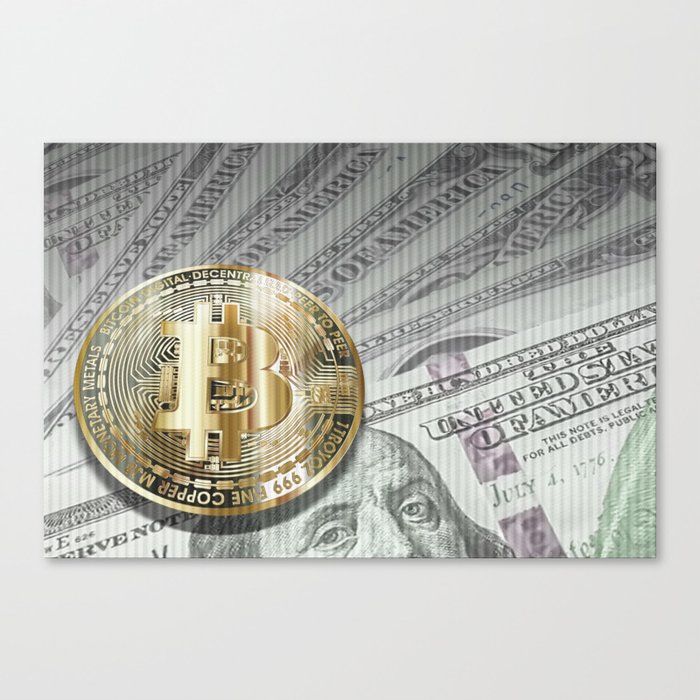 Bitcoin with dollar bills, cryptocurrency concept Canvas Print