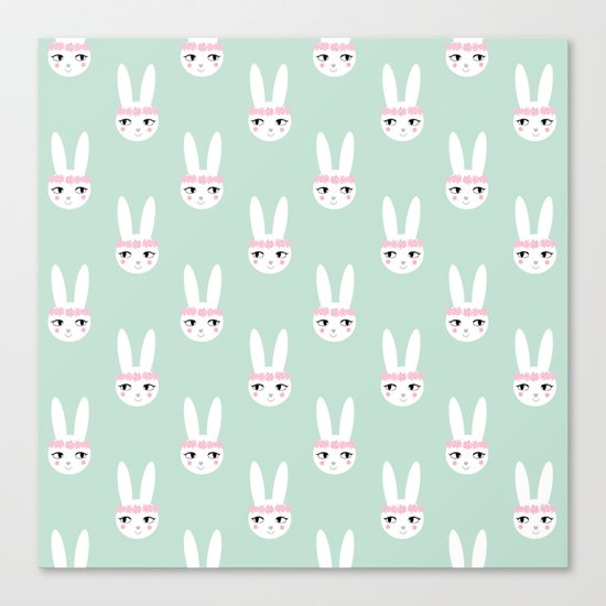 Bunny Rabbit mint spring cute character illustration nursery kids minimal floral crown Canvas Print