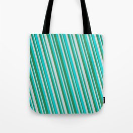 [ Thumbnail: Sea Green, Light Gray & Dark Turquoise Colored Stripes/Lines Pattern Tote Bag ]