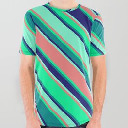 [ Thumbnail: Eyecatching Green, Dark Cyan, Midnight Blue, Aquamarine & Light Coral Colored Lines Pattern All Over Graphic Tee ]