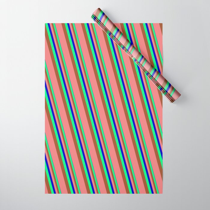 Blue, Green, Sienna & Light Coral Colored Striped/Lined Pattern Wrapping Paper