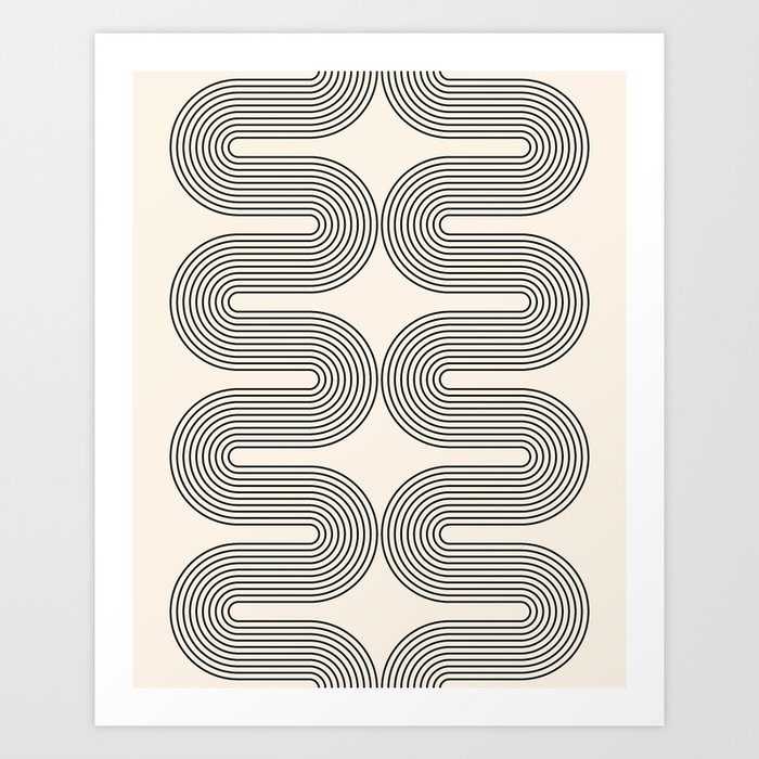 Mid Century Modern Geometric 98 in Black and Beige (Rainbow Abstract) Art  Print by nineFlorals