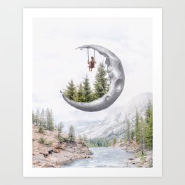 Moon Swing Art Print | Heyluisa, Girl, Fullmoon, Sky, Graphicdesign, Moon, House, Magical, Cute, Forest 