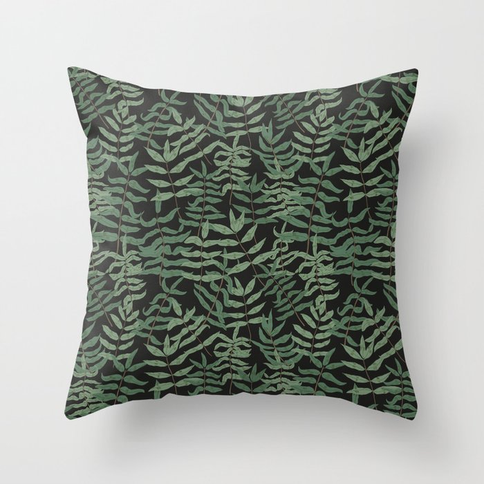 Ash - Green ash leaves on a black background Throw Pillow