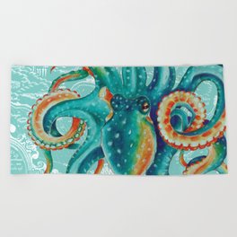 Teal Octopus On Light Teal Vintage Map Beach Towel