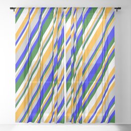[ Thumbnail: Eyecatching Grey, Blue, Dark Green, White, and Orange Colored Stripes/Lines Pattern Sheer Curtain ]