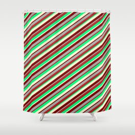 [ Thumbnail: Green, Light Yellow, Maroon, Dark Grey, and Red Colored Lines/Stripes Pattern Shower Curtain ]