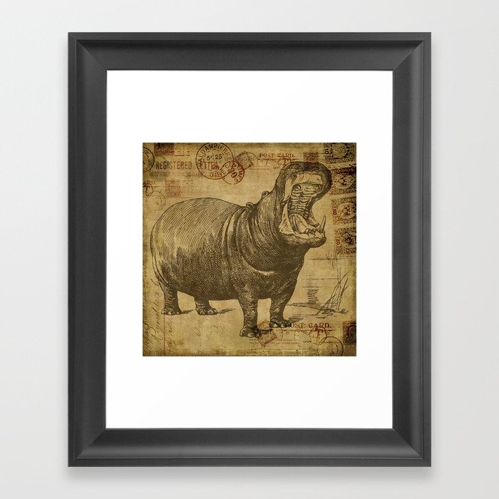 Vintage retro Hippo wildlife animal africa Framed Art Print