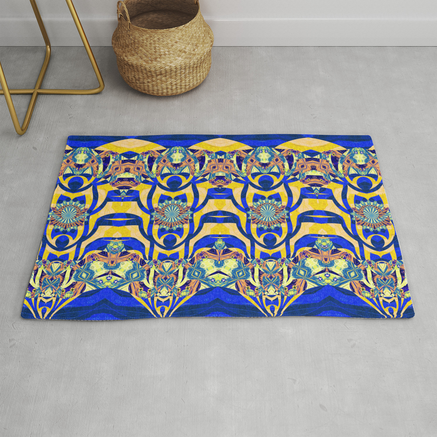 Neo Tribal Blue And Yellow Gold Modern Abstract Print Rug By