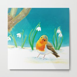 Robin Red Breast Bird and Snowdrops Illustration by Julia Doria  Metal Print