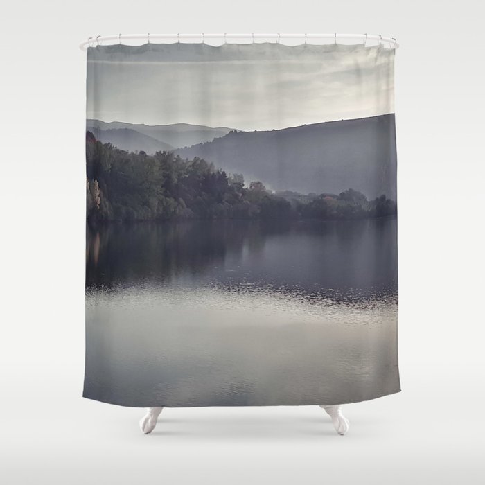 Deep autumn mountain lake mirror landscape Shower Curtain