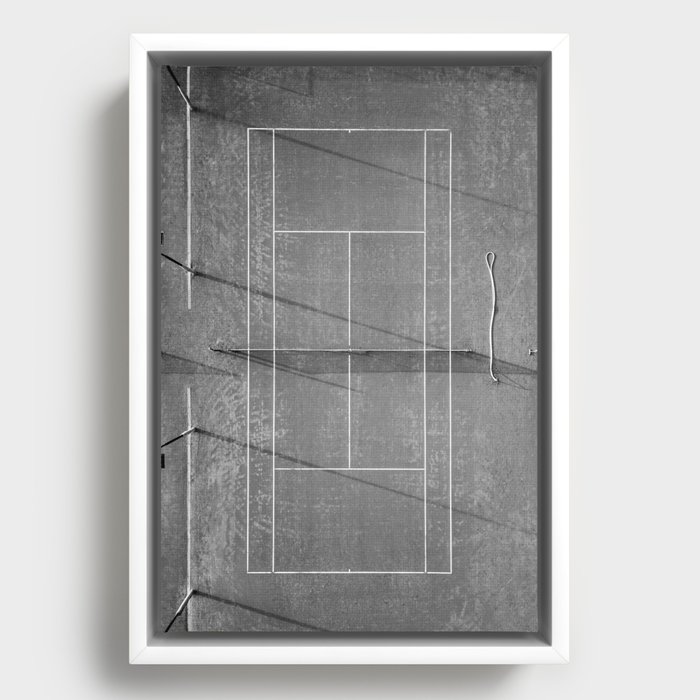 Grey tennis court at sunrise | Black and white drone aerial photography art | sports field print Framed Canvas