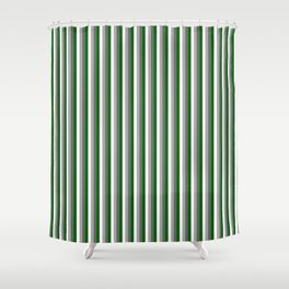 [ Thumbnail: Dim Gray, Dark Grey, White, and Dark Green Colored Pattern of Stripes Shower Curtain ]