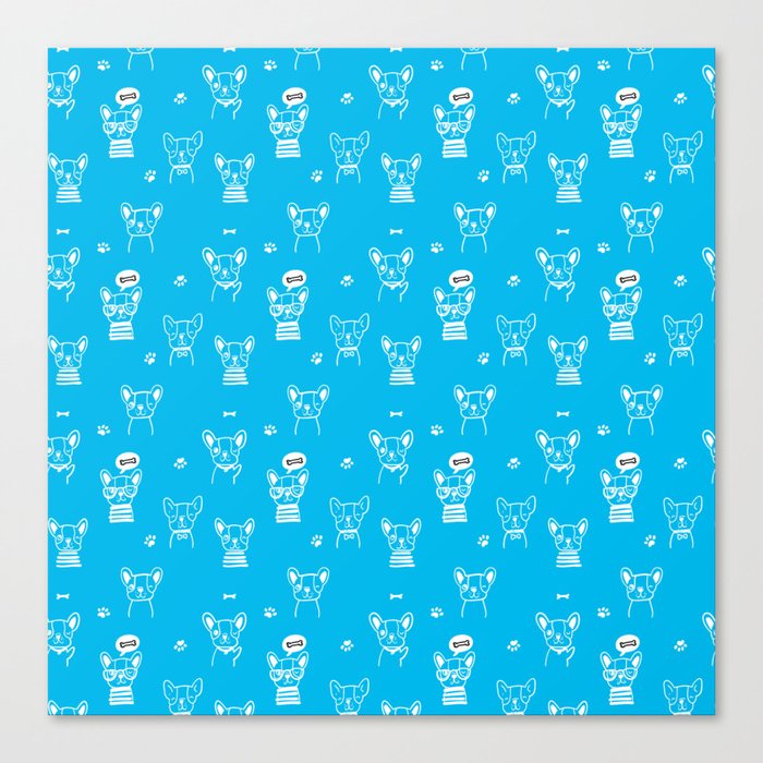 Turquoise and White Hand Drawn Dog Puppy Pattern Canvas Print