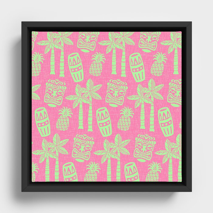 Retro Mid Century Modern Tiki Pattern 544 Chartreuse and Pink Tweed Framed Canvas