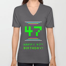 [ Thumbnail: 47th Birthday - Nerdy Geeky Pixelated 8-Bit Computing Graphics Inspired Look V Neck T Shirt V-Neck T-Shirt ]
