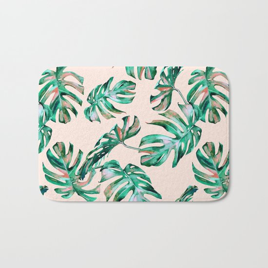 Tropical Palm Leaves Coral Greenery Bath Mat