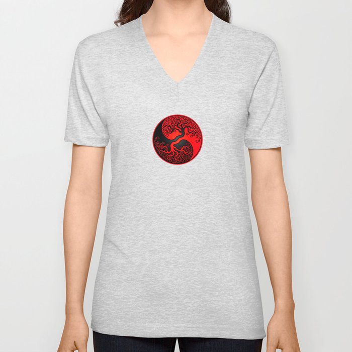 Red and Black Tree of Life Yin Yang V Neck T Shirt