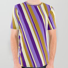 [ Thumbnail: Indigo, Purple, Dark Goldenrod & Light Yellow Colored Lined Pattern All Over Graphic Tee ]
