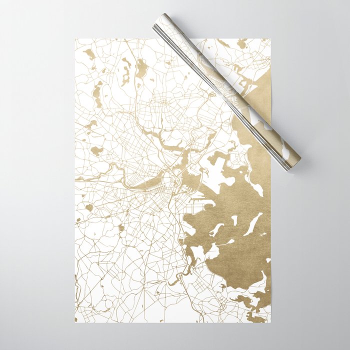 Boston White and Gold Map Wrapping Paper