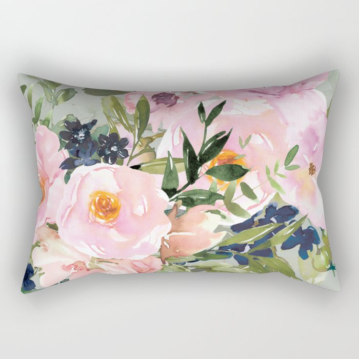Festive, Floral Watercolor Rose Bouquet, Green and Pink Rectangular Pillow