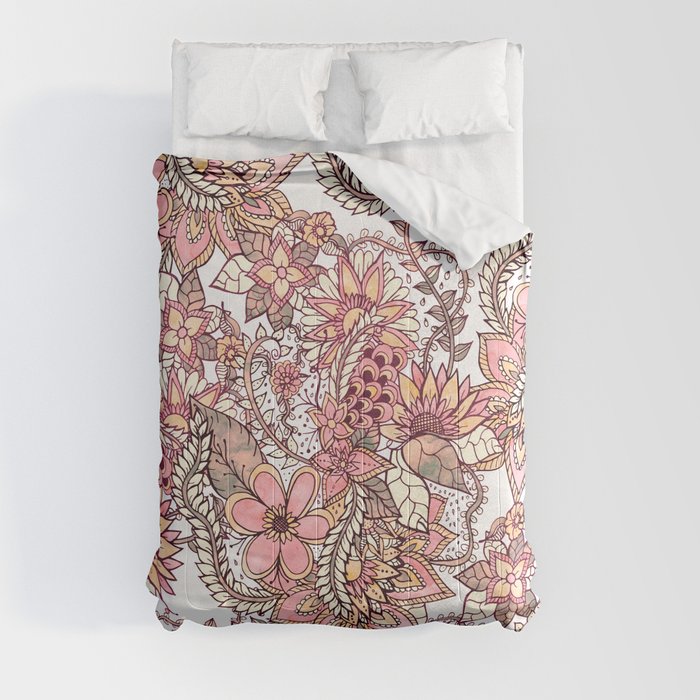 Boho chic red brown floral hand drawn pattern Comforter